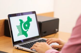 Person using laptop with Pakistan map flag