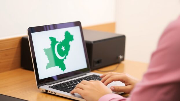 Person using laptop with Pakistan map flag