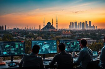 Analysts monitoring data with city skyline sunset view