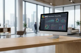 Computer displaying AVG Business Security dashboard in office.
