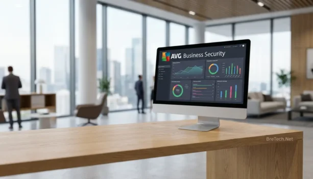 Computer displaying AVG Business Security dashboard in office.