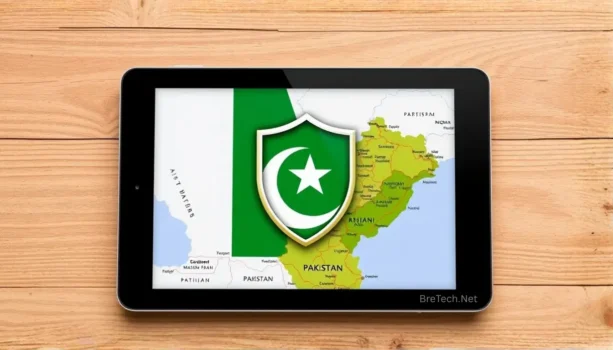 Pakistan map on tablet with flag emblem