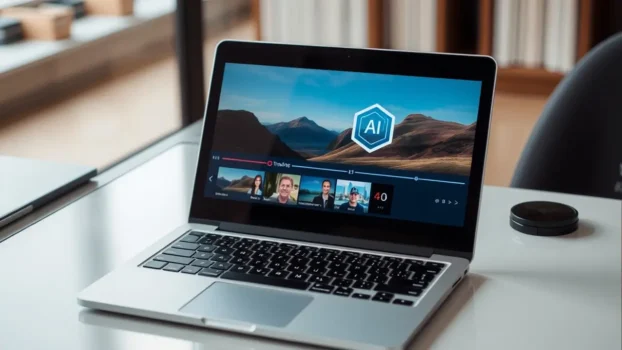 Laptop displaying AI video editing software
