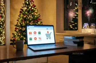 Laptop showing holiday shopping website by Christmas tree