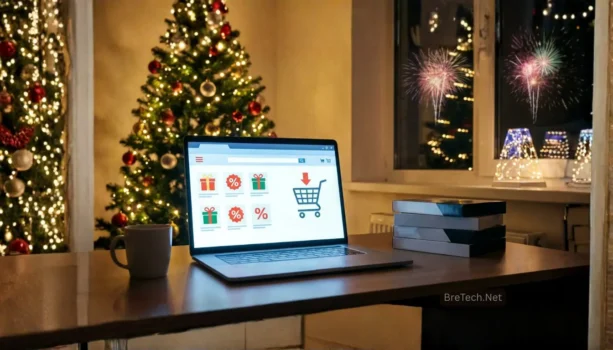 Laptop showing holiday shopping website by Christmas tree