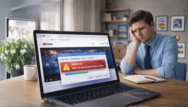Frustrated man facing IDM error on laptop.