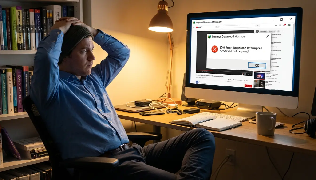 Frustrated man facing computer download error message.