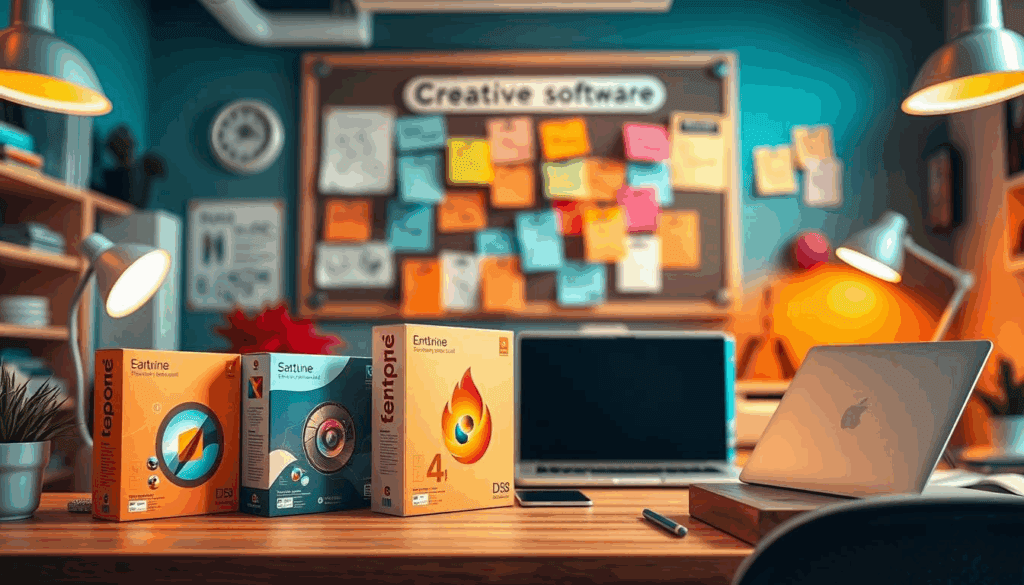 Creative software workspace with laptop and boxes