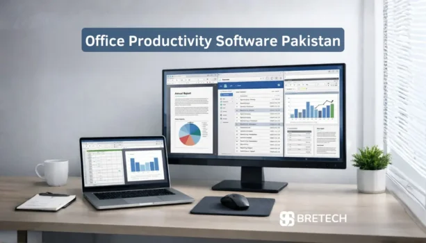 Desktops displaying office productivity software overview