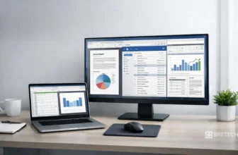 Workspace with dual monitors displaying reports and charts