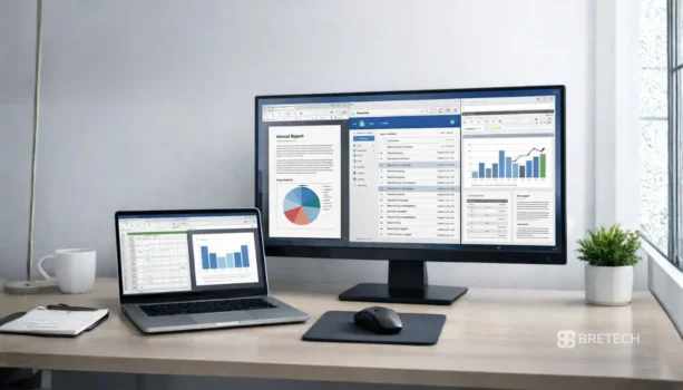 Workspace with dual monitors displaying reports and charts