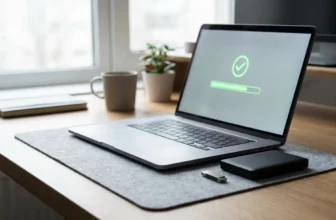 Laptop with loading screen on desk