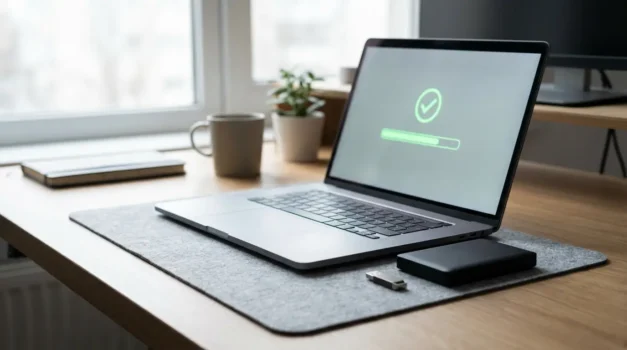 Laptop with loading screen on desk