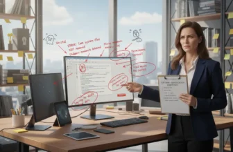 Woman presenting software uninstallation guidelines in office.
