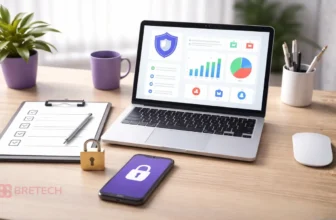 Laptop displaying security and data analytics dashboard.
