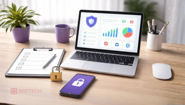Laptop displaying security and data analytics dashboard.