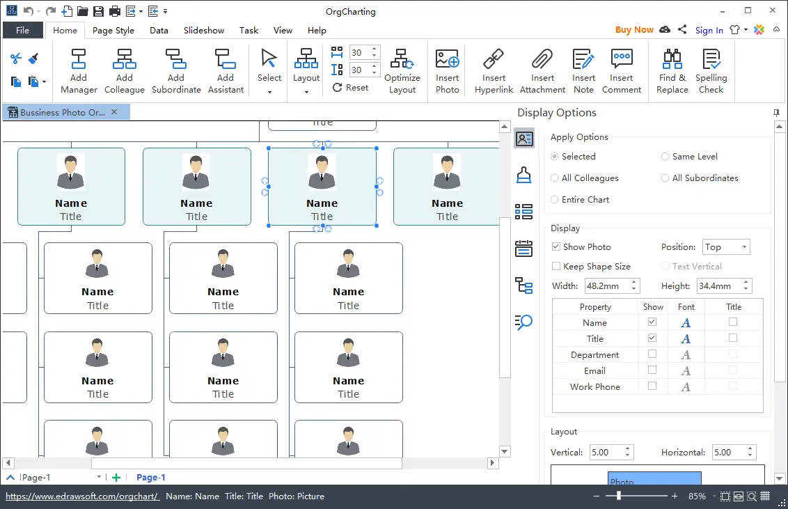 Organizational chart with employee photos and titles.