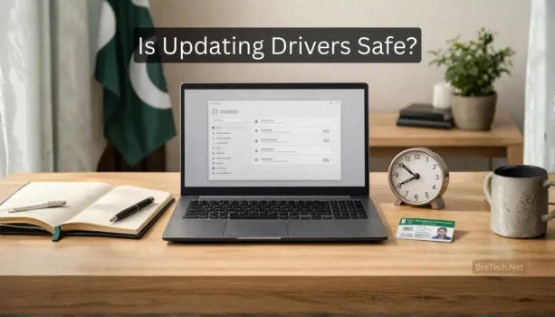 Laptop on desk asking about driver update safety