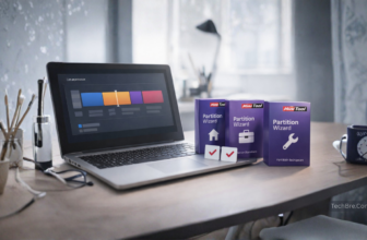 Laptop with MiniTool Partition Wizard boxes on desk.