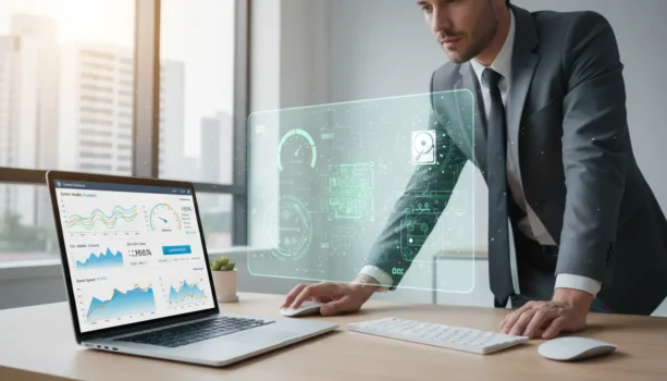 Professional analyzing data on a laptop screen.