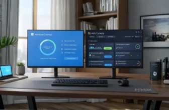 Dual monitors displaying PC optimization software