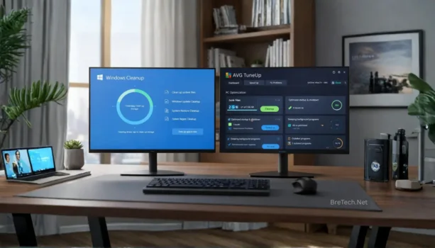 Dual monitors displaying PC optimization software