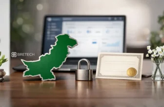 Map of Pakistan, padlock, and certificate on desk