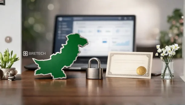 Map of Pakistan, padlock, and certificate on desk