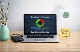 Laptop displaying disk scan with backup reminder.