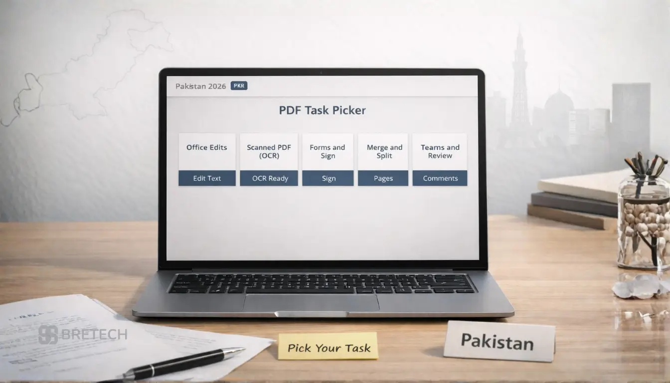 Laptop displaying PDF task options for editing.