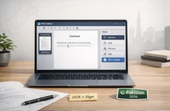 Laptop displaying PDF editor software for contracts.