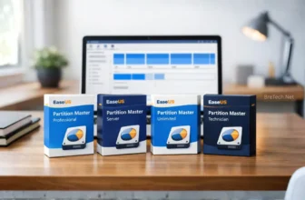 EaseUS Partition Master software boxes on a desk.