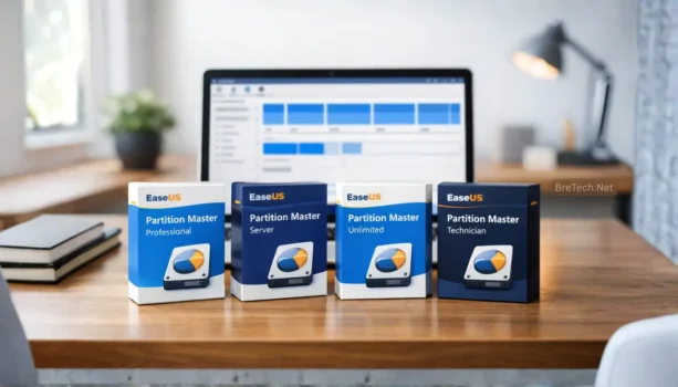 EaseUS Partition Master software boxes on a desk.