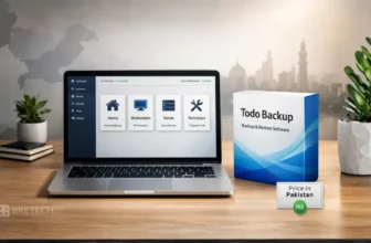Laptop displaying Todo Backup software on a desk.