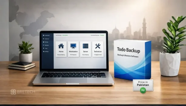 Laptop displaying Todo Backup software on a desk.