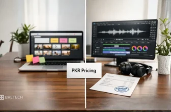 Workspace displaying PKR pricing and audio editing tools.