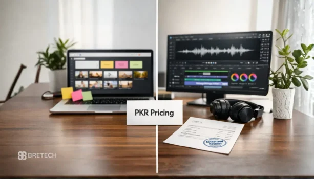 Workspace displaying PKR pricing and audio editing tools.