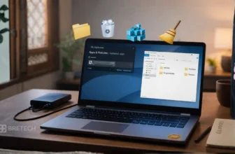 Laptop displaying file management interface and icons.