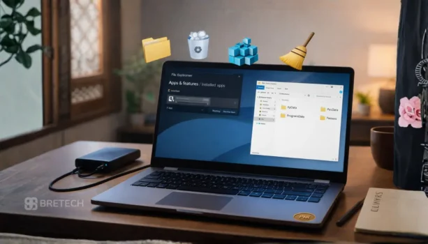 Laptop displaying file management interface and icons.
