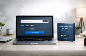Video downloader software displayed on a laptop.