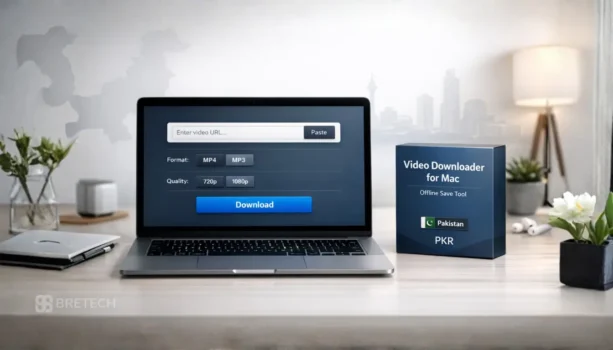 Video downloader software displayed on a laptop.