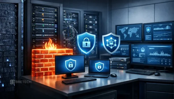 Cybersecurity setup with servers and monitors