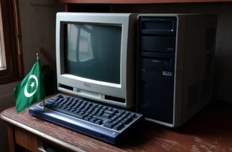 Old computer setup with keyboard and flag