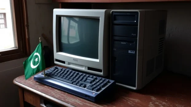 Old computer setup with keyboard and flag