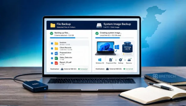 Laptop displaying file backup progress