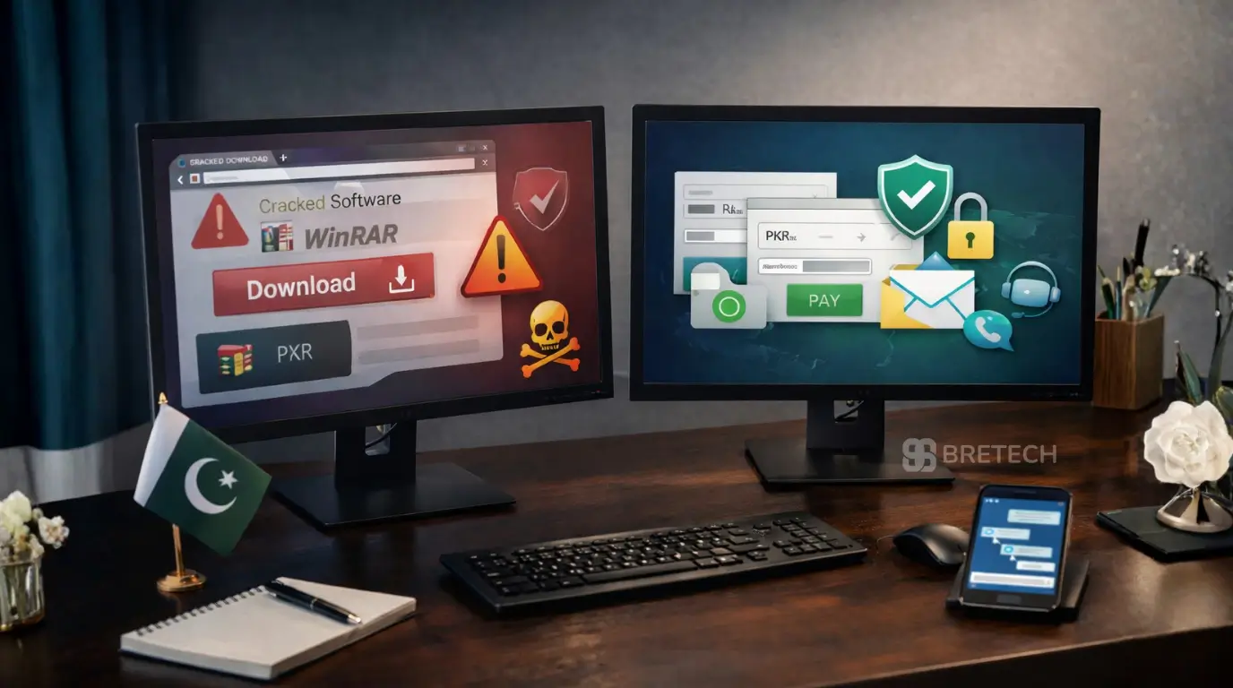 Two computer monitors with software alerts