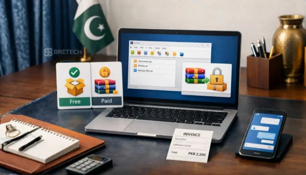 Laptop displaying software invoice and file icons