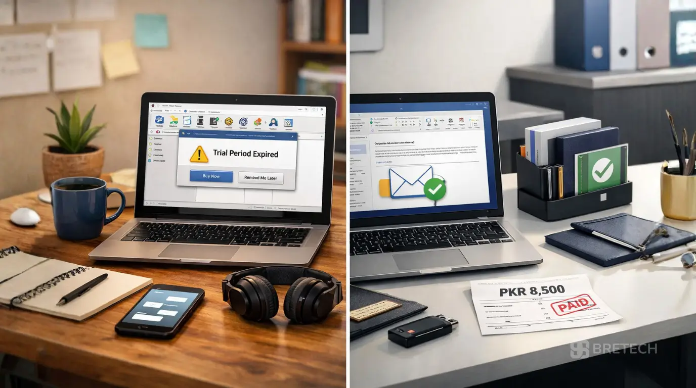 Two laptops displaying software notifications