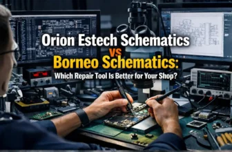 Technician repairing circuit board with schematics on screens