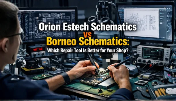 Technician repairing circuit board with schematics on screens